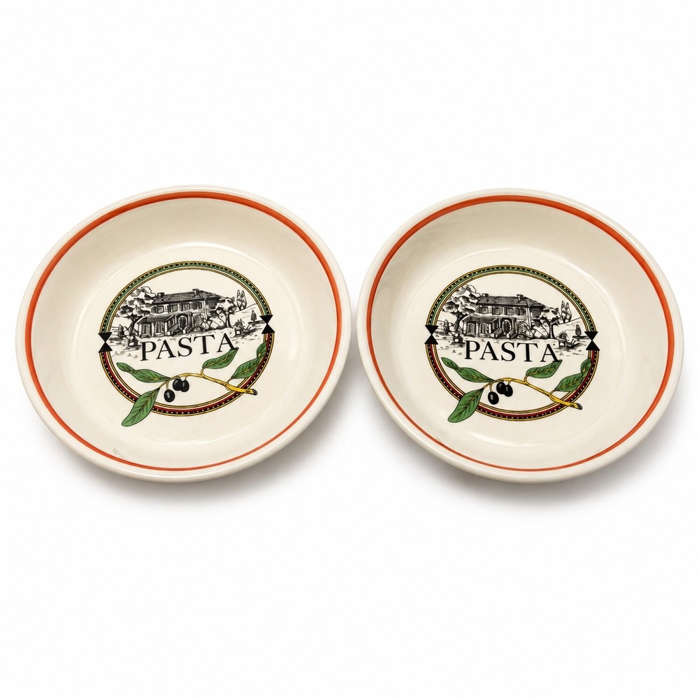 Vintage LAM Italy Ironstone Pasta Bowls Set of 2 Olive Villa Pattern 9 Inch